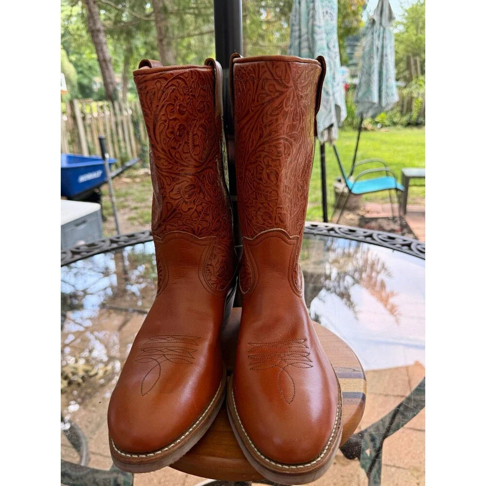 RAS men's Brown Tooled Leather Pull-On Western Cowboy Boots US 10.5c narrow